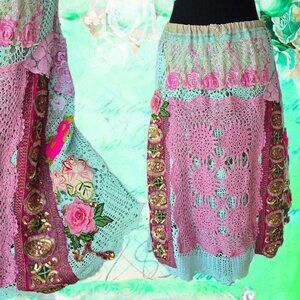Mint Green Crochet & Embroidered Skirt | Roselani Jasmin | Size Medium